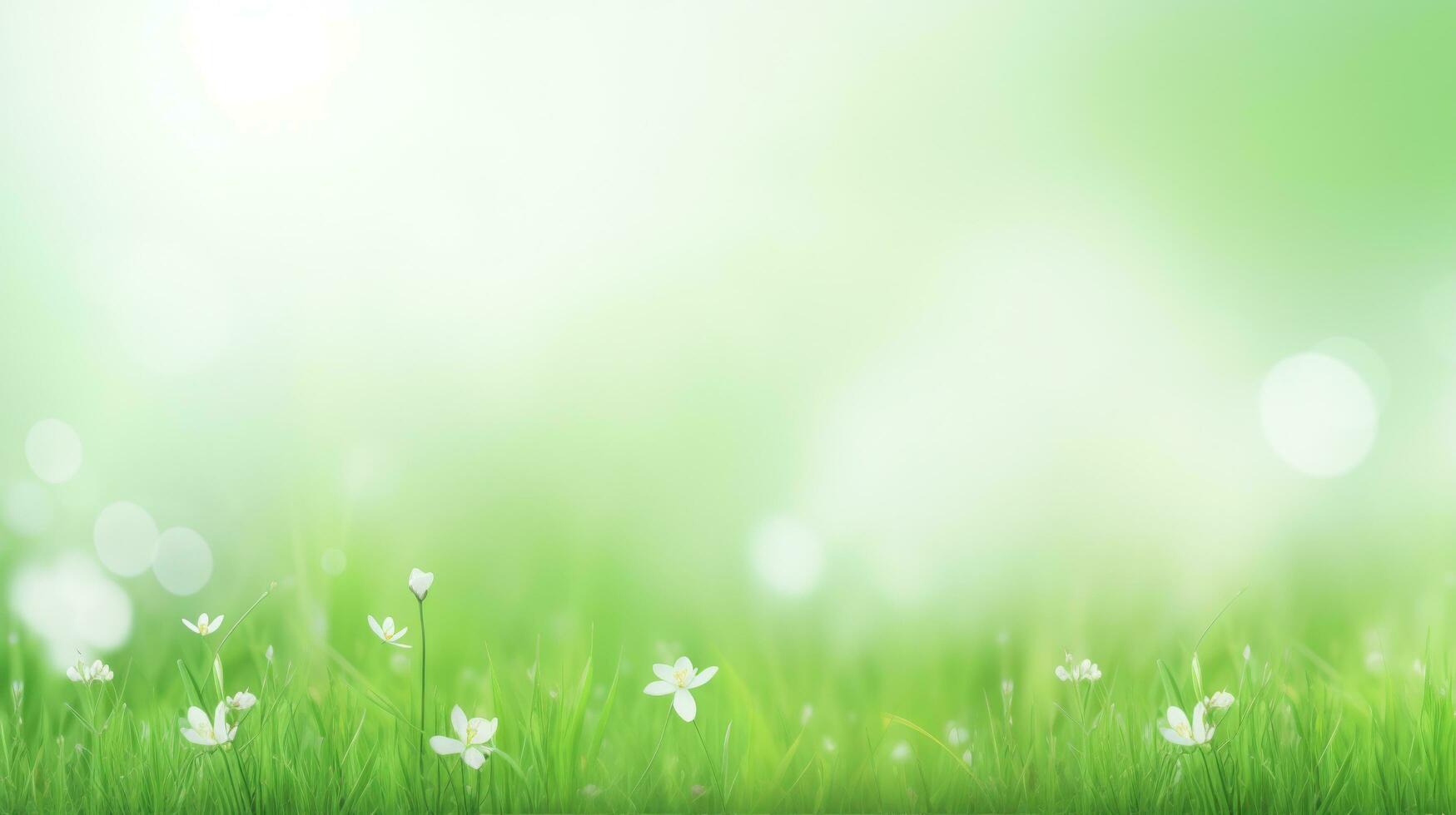 AI generated spring green meadow against blue sky background photo