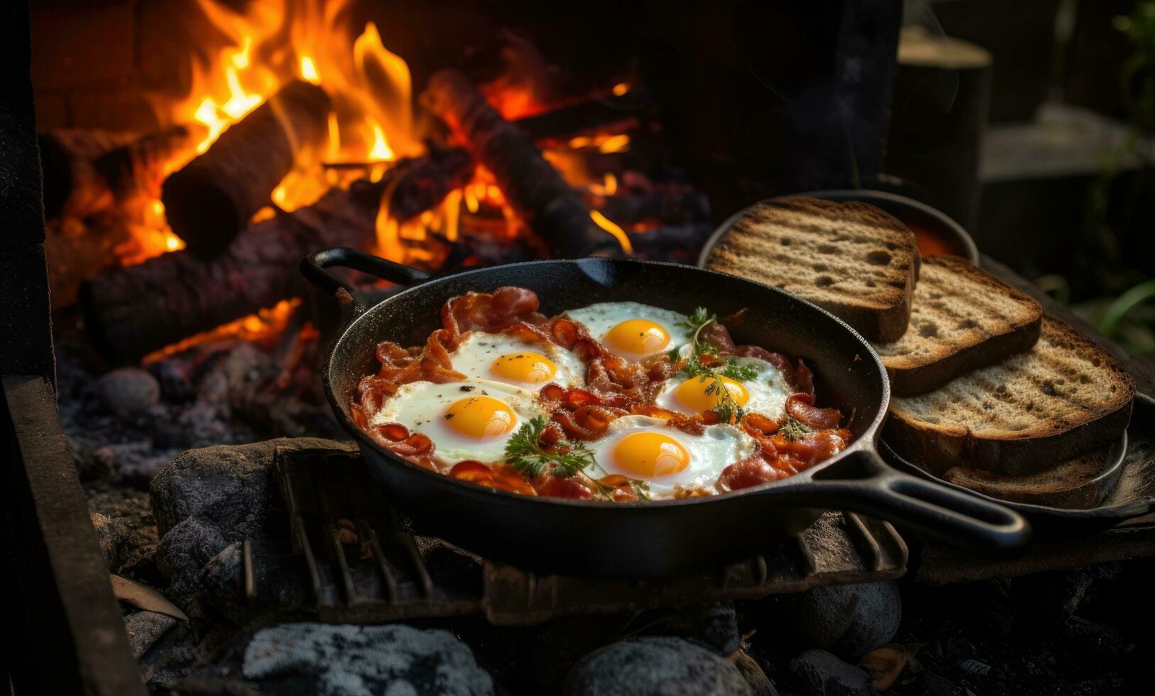 AI generated a pan with eggs, bread and bacon on top of the fireplace photo