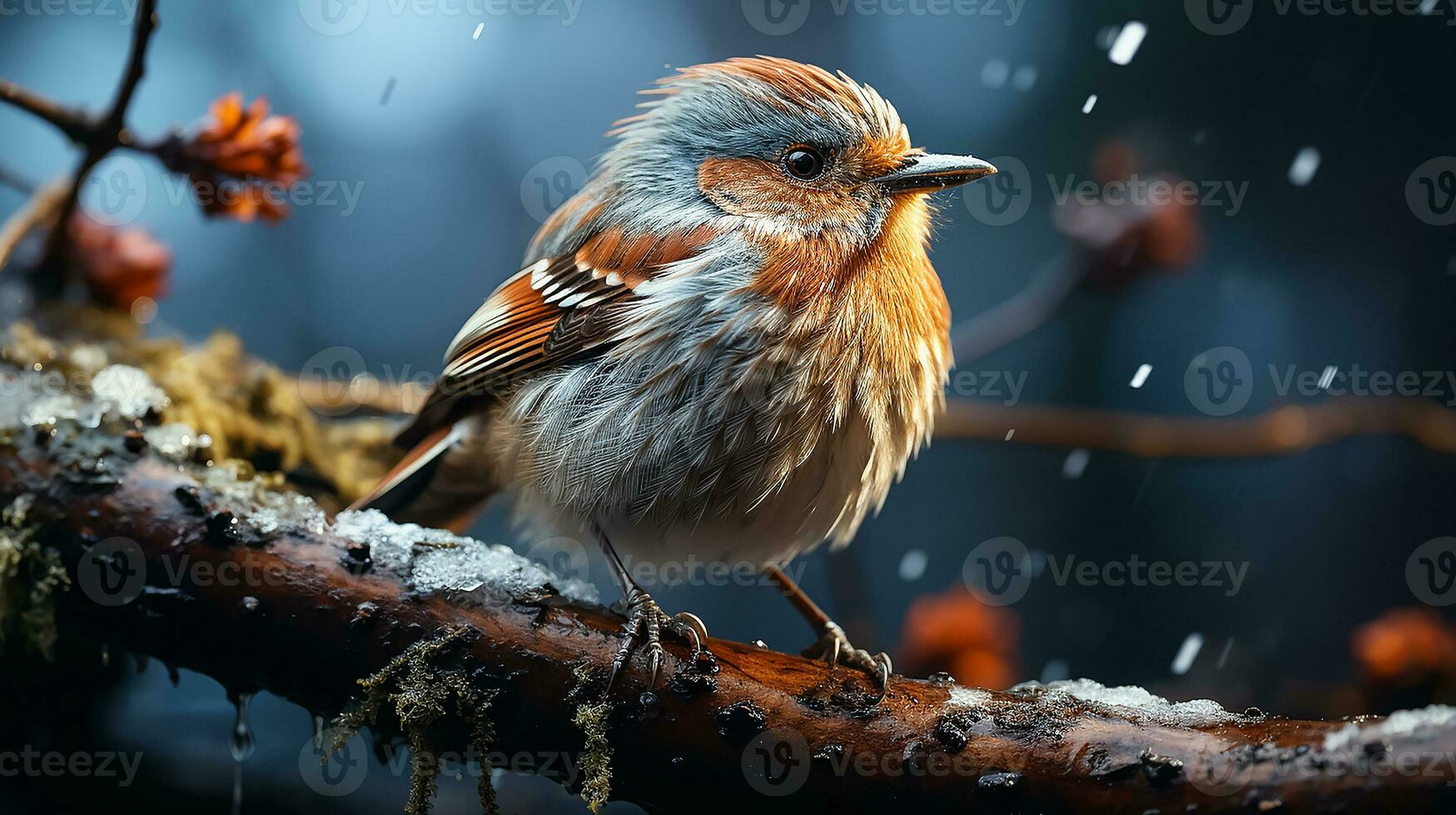 ai generado un pájaro a rama - borroso bosque ver en antecedentes con nevando, de cerca foto