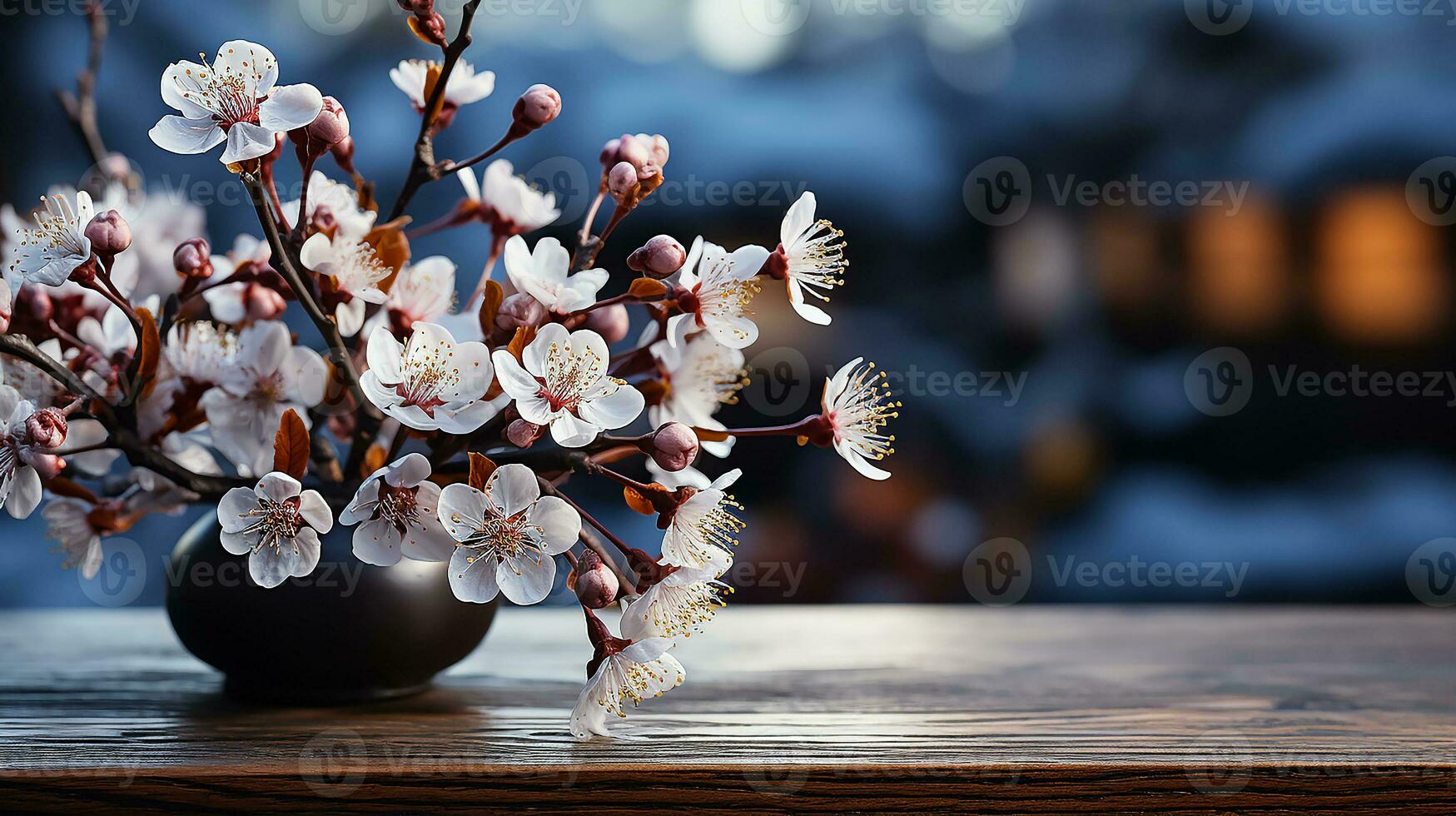 AI generated A realistic photo - Empty dark wooden table and winter flowers on it, abstract winter blurred background