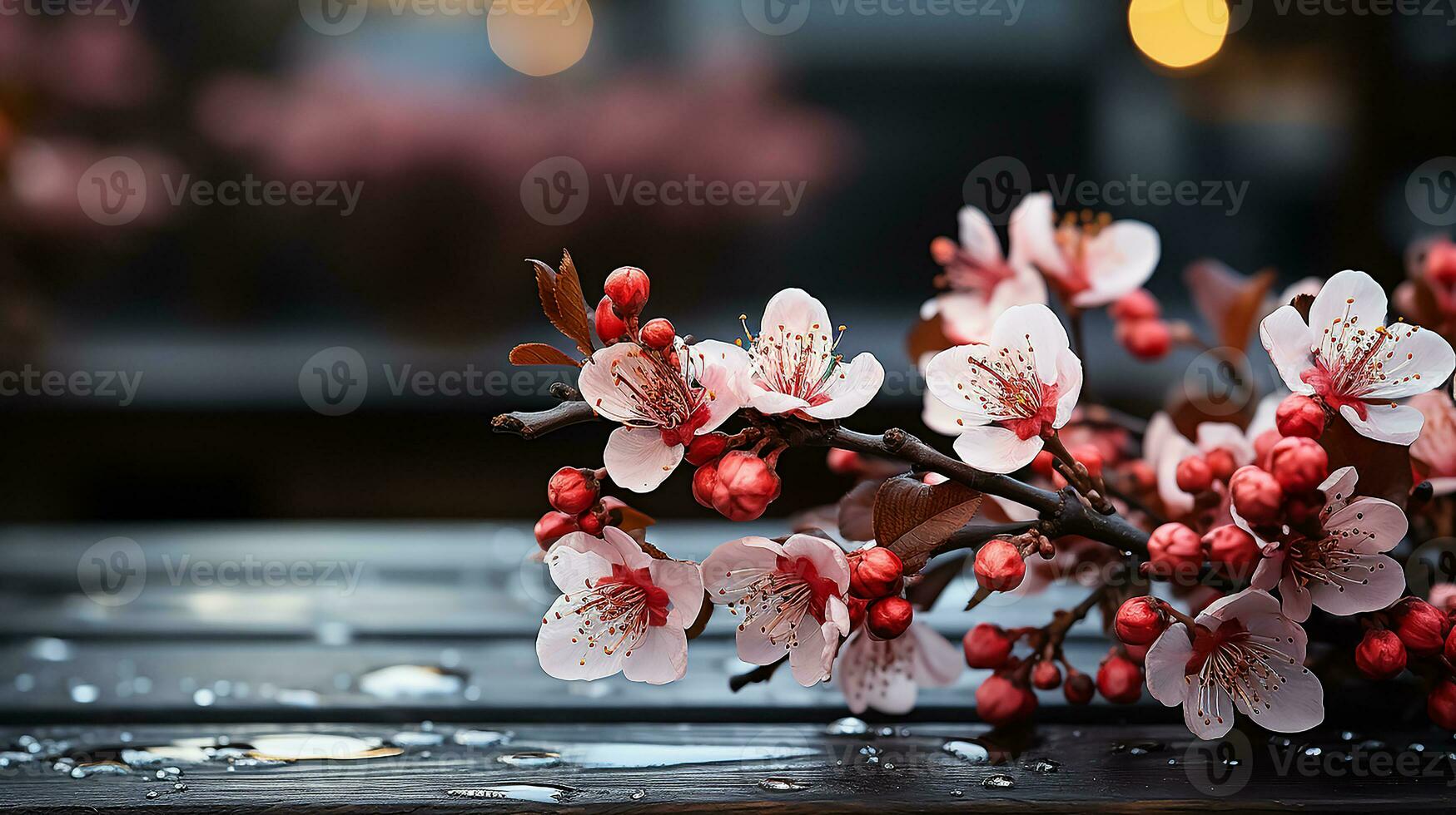 AI generated A realistic photo - Empty dark wooden table and winter flowers on it, abstract winter blurred background