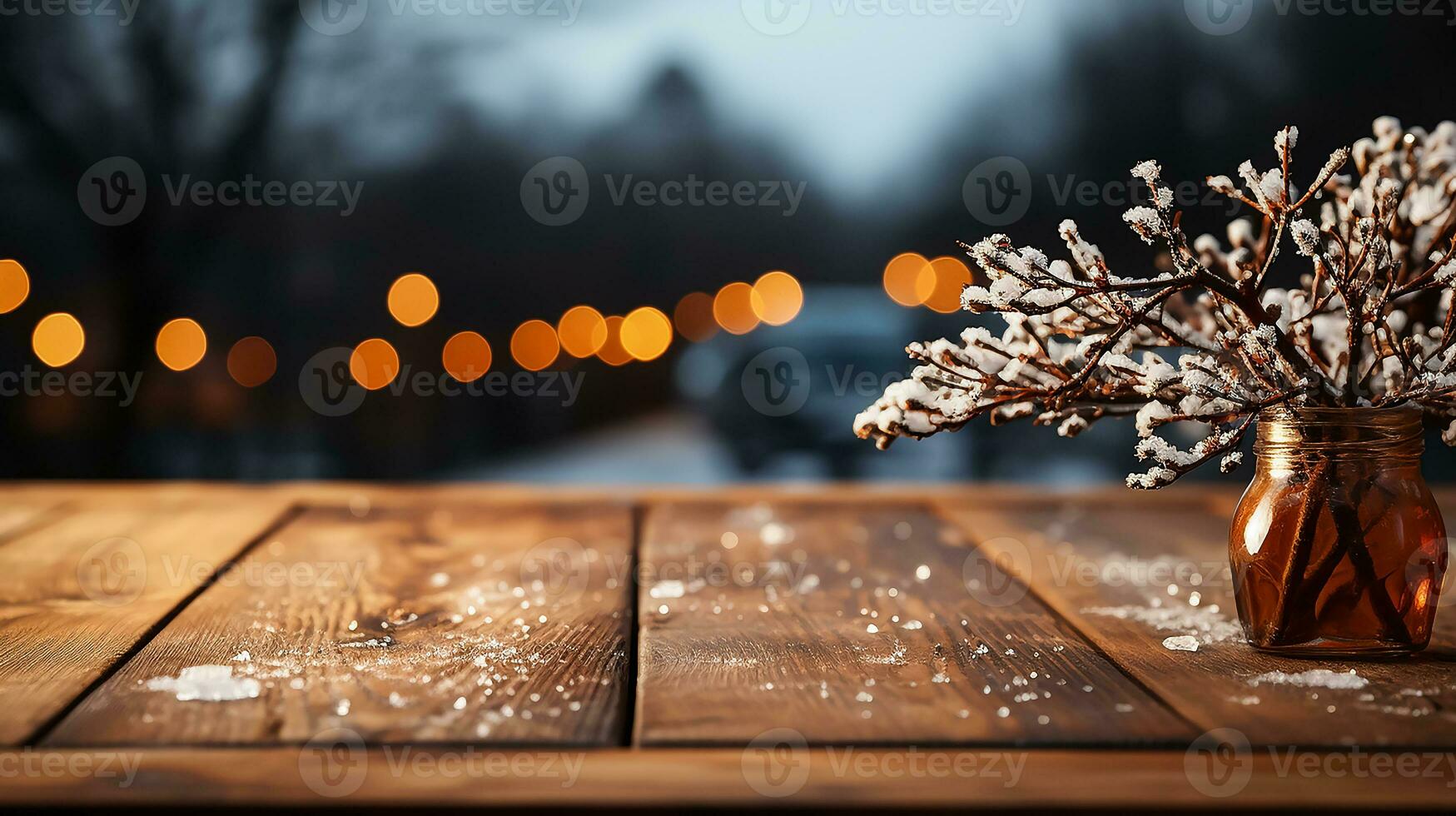 AI generated A realistic photo - Empty dark wooden table and winter flowers on it, abstract winter blurred background