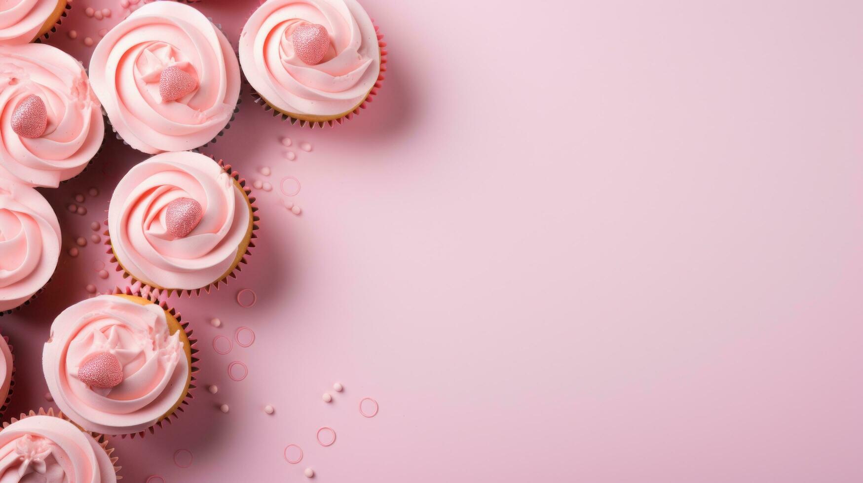 AI generated sweet cupcakes background with copy space photo