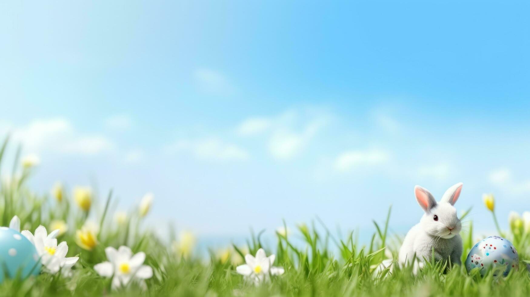 AI generated spring green meadow with easter effs and bunny against blue sky, photo