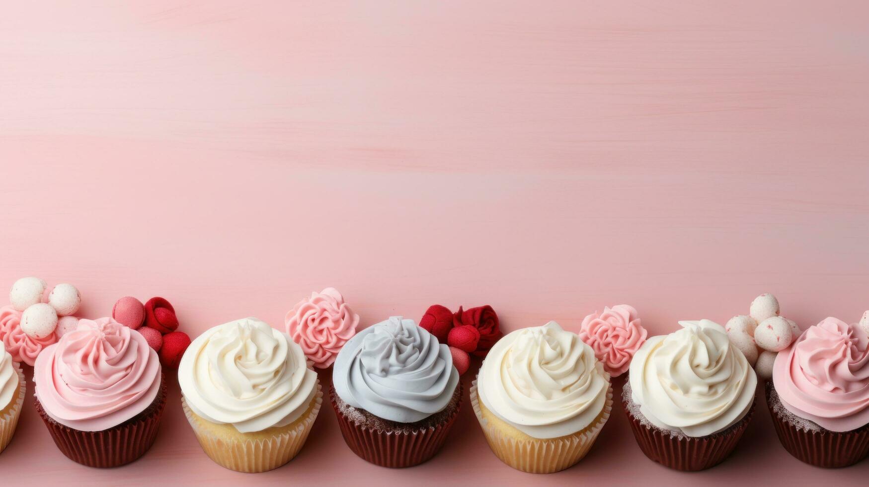 AI generated sweet cupcakes background with copy space photo