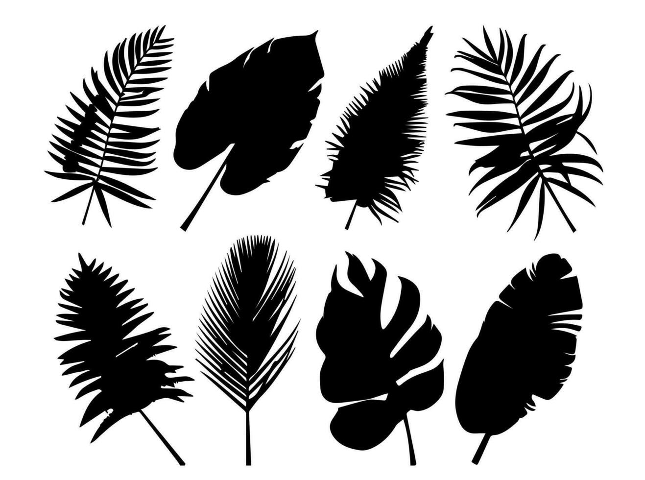 Set of black silhouettes of leaves and flowers. Vector illustration.