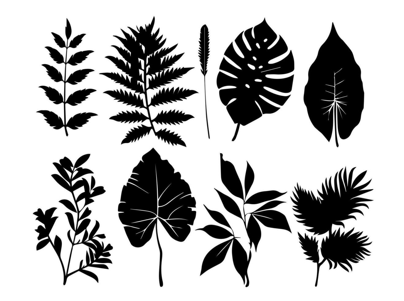 Set of black silhouettes of leaves and flowers. Vector illustration.