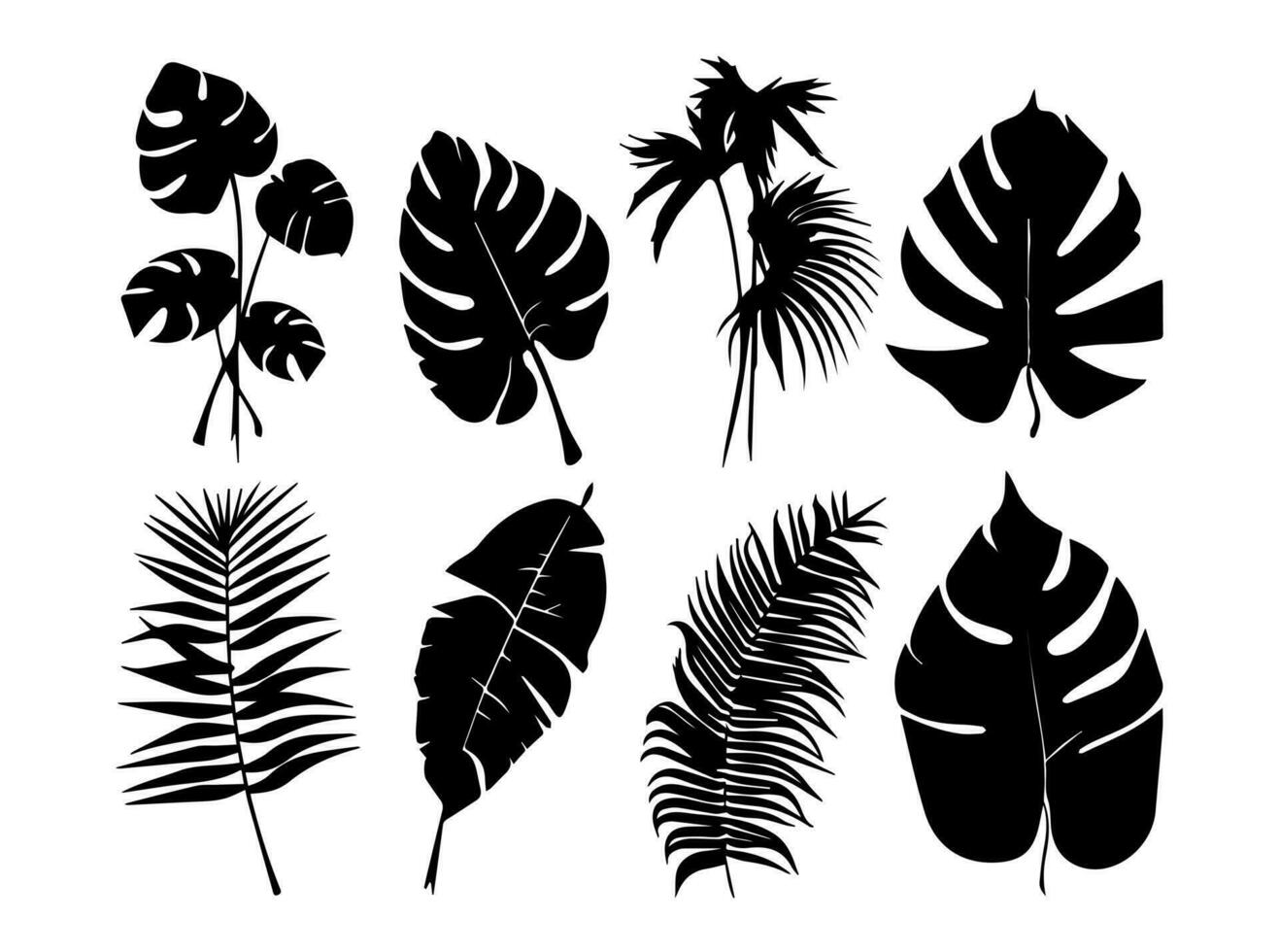Set of black silhouettes of leaves and flowers. Vector illustration.