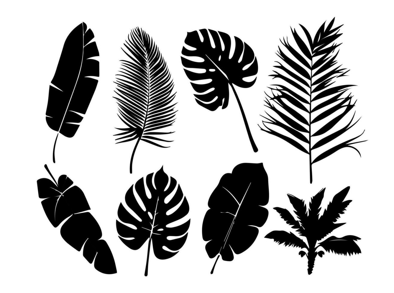 Set of black silhouettes of leaves and flowers. Vector illustration.