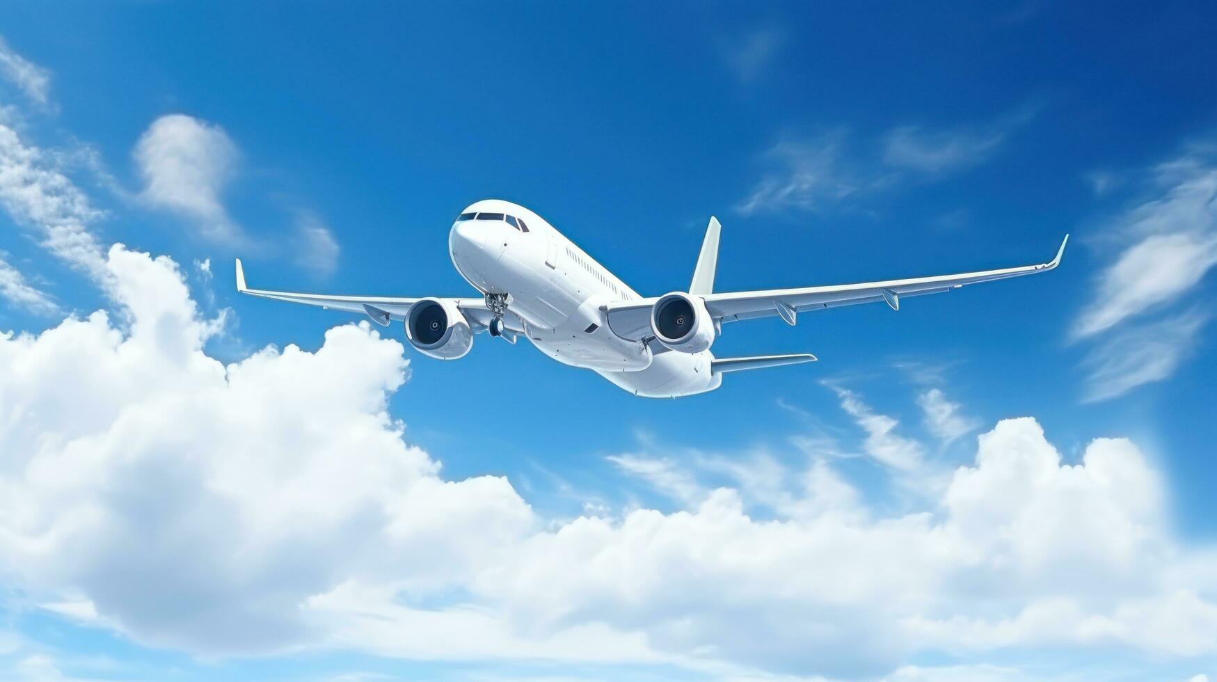 AI generated white airplane against blue sky, photo