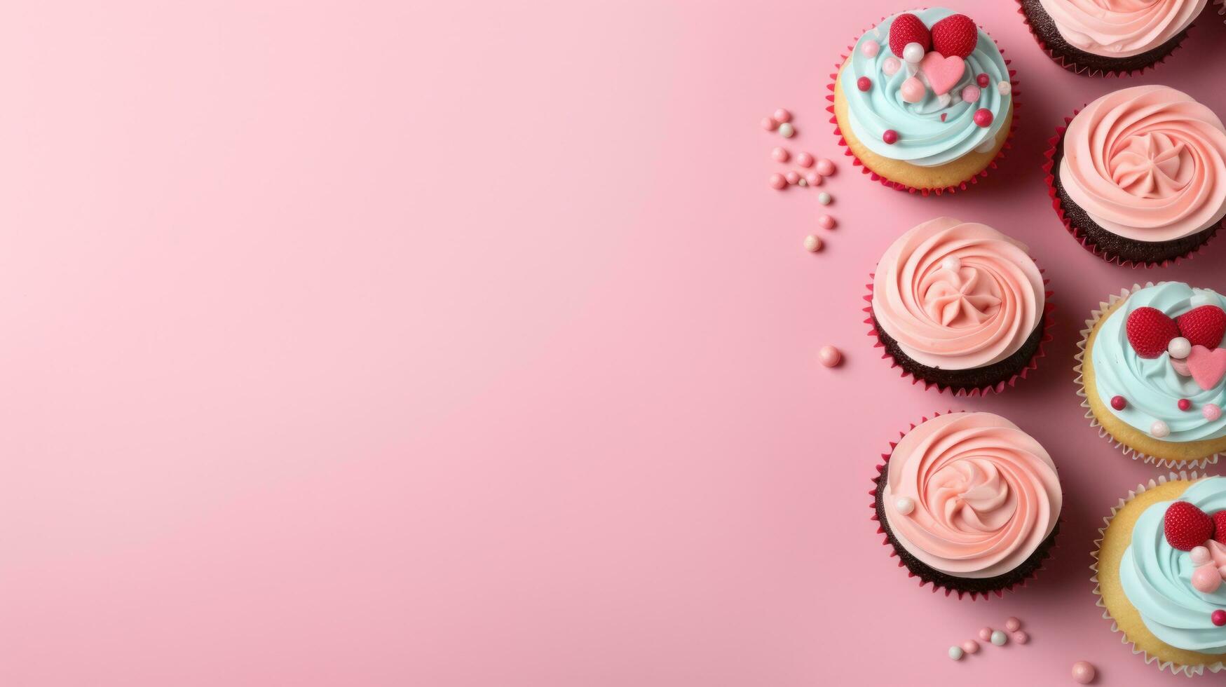 AI generated sweet cupcakes background with copy space photo