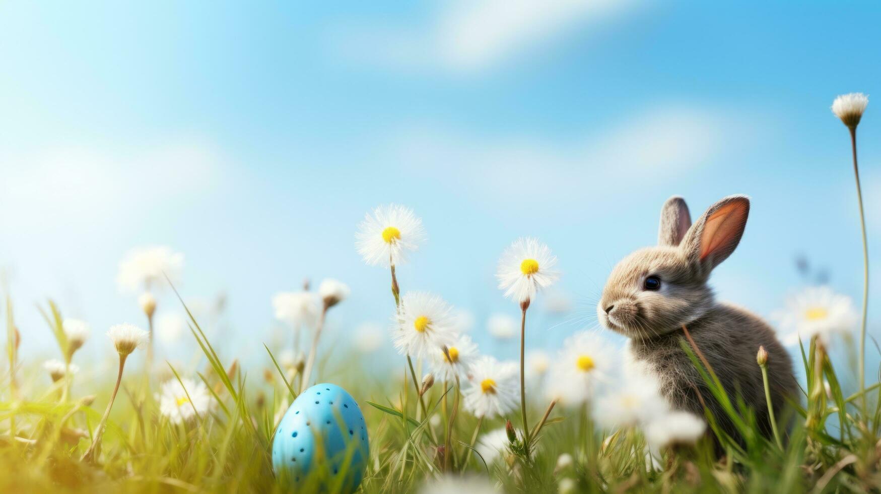 AI generated spring green meadow with easter effs and bunny against blue sky, photo