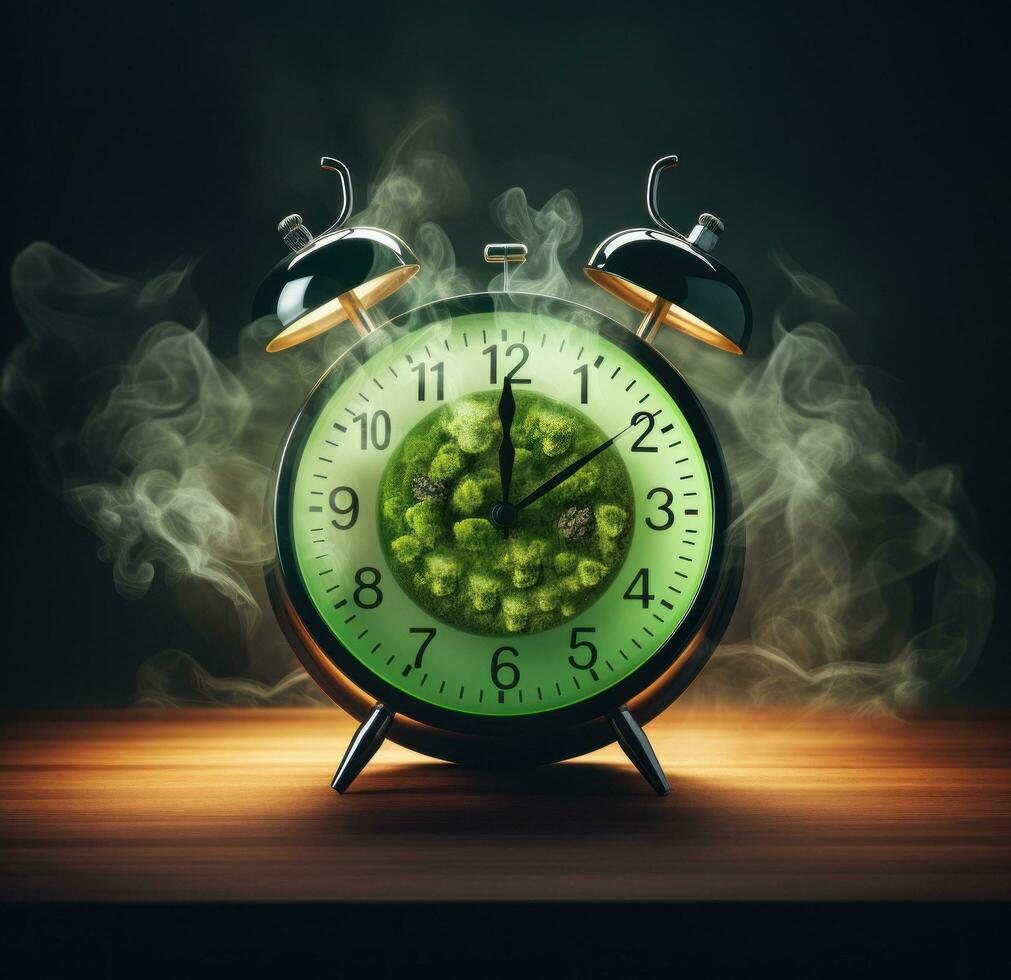 AI generated green alarm clock with smoke on background photo