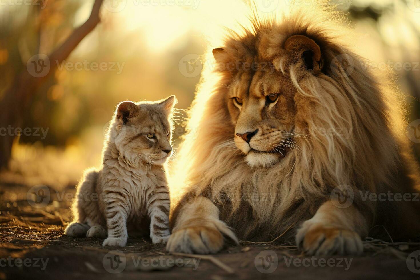 AI generated Adult lion father and lion cub in the savannah. Wild life. Generated by artificial intelligence photo