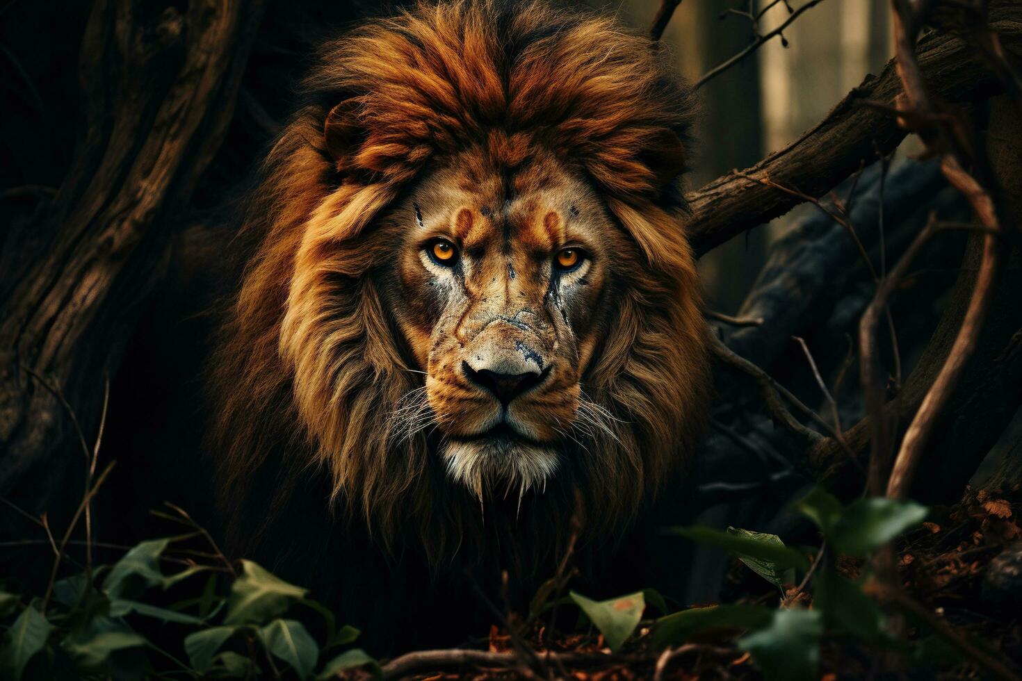 AI generated An adult formidable lion emerges from the jungle. Wild life. Generated by artificial intelligence photo
