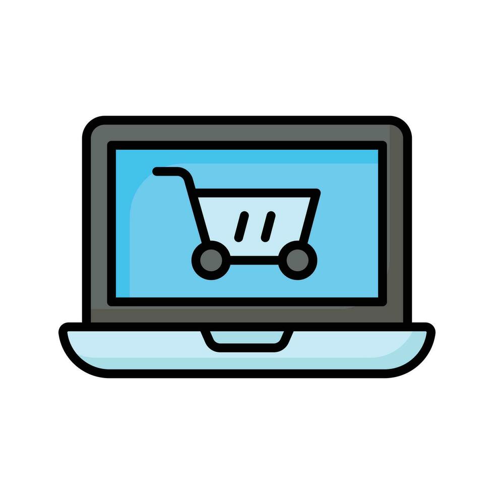 Shopping basket inside laptop showing concept icon of online shopping, vector of shopping website