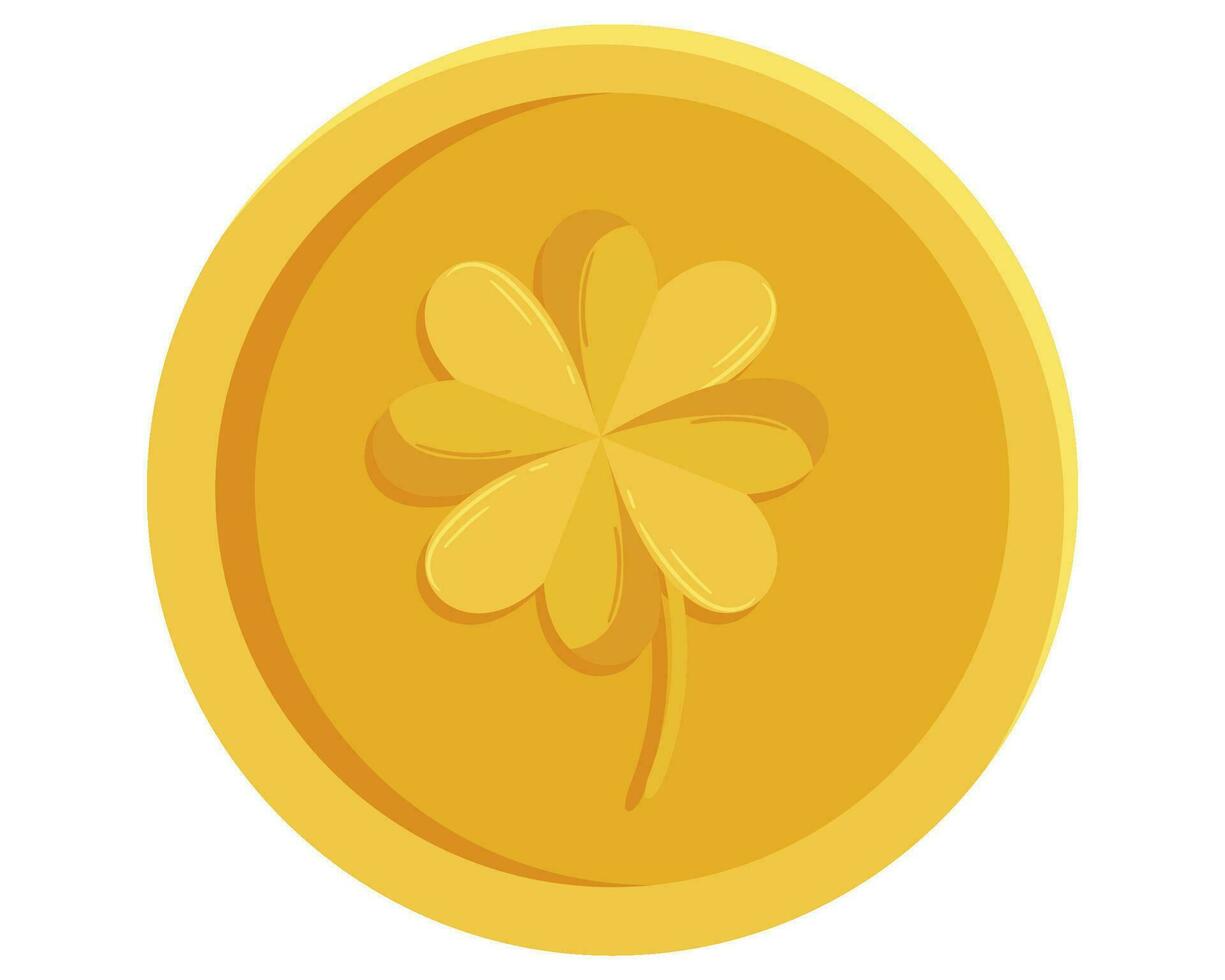St. Patricks Day gold coin with four-leaves clover or shamrock vector