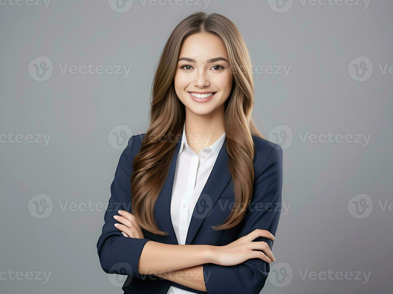 AI generated Beautiful young business woman portrait, Woman face smiling cute girl with long hair studio shot, Isolated on gray background photo