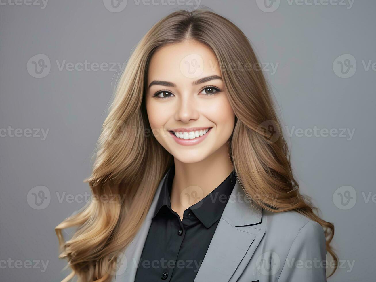 AI generated Beautiful young business woman portrait, Woman face smiling cute girl with long hair studio shot, Isolated on gray background photo