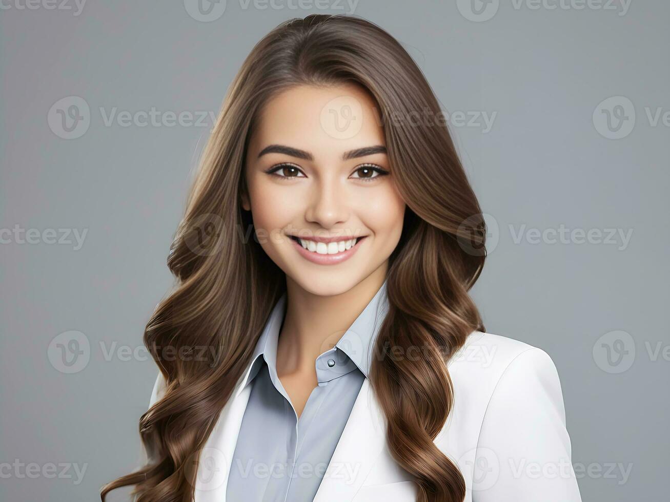 AI generated Beautiful young business woman portrait, Woman face smiling cute girl with long hair studio shot, Isolated on gray background photo