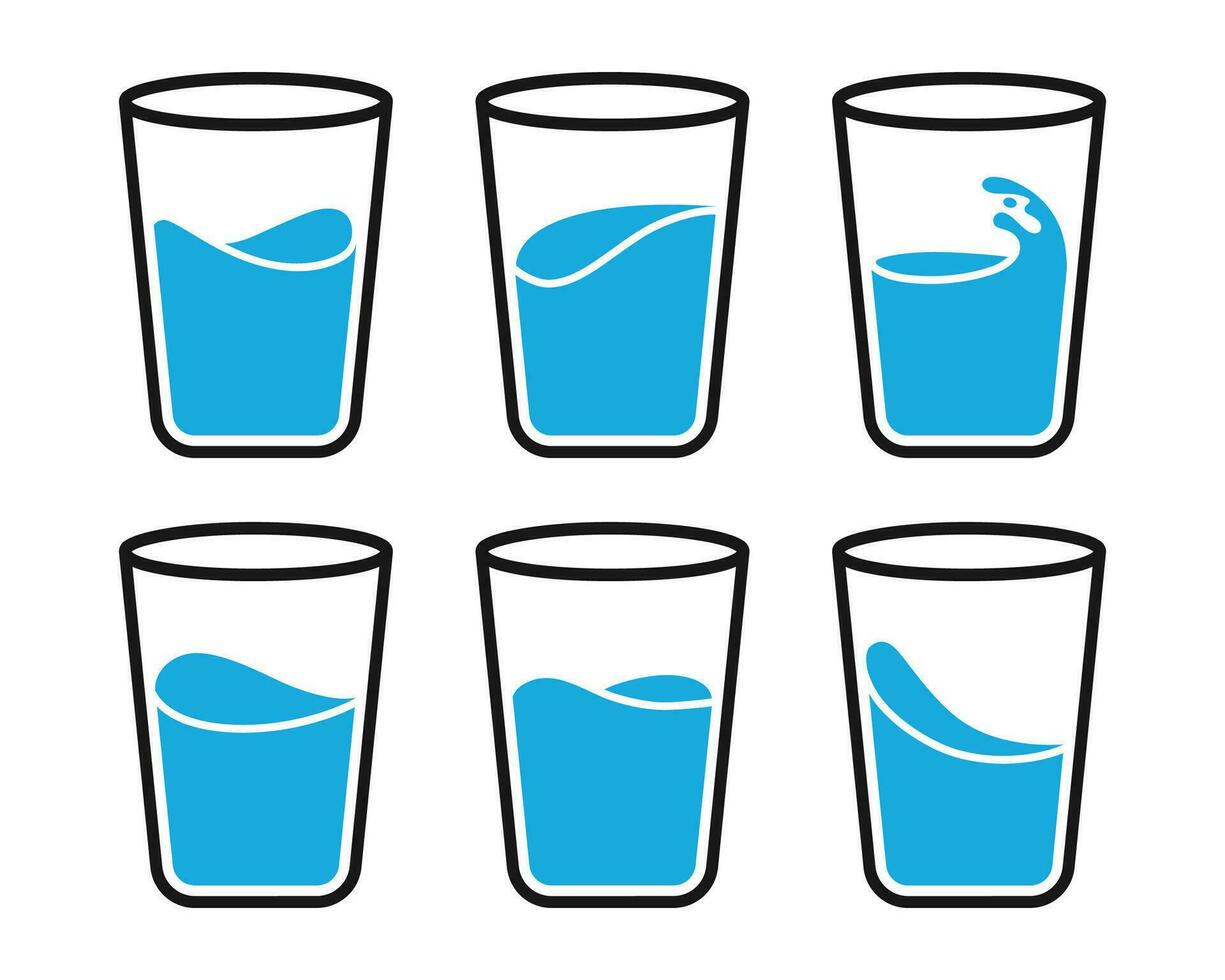 Drinking water glass icon set. Water glass or cup water icon symbol. Glass of drink water symbol. Vector illustration