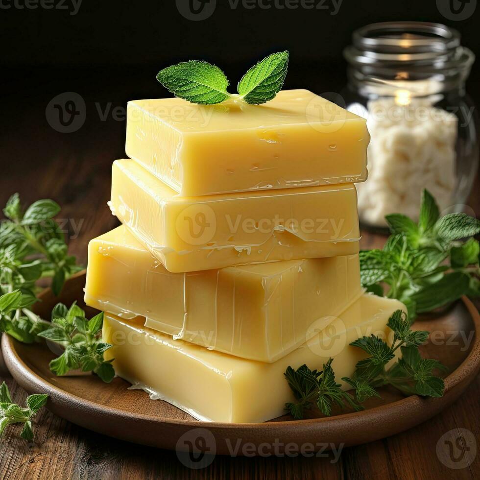 AI Generated Cheese mix on wooden plate still-life. Ai Generative. photo