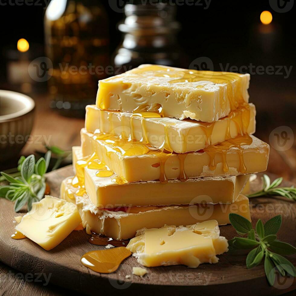 AI Generated Cheese mix on wooden plate still-life. Ai Generative. photo