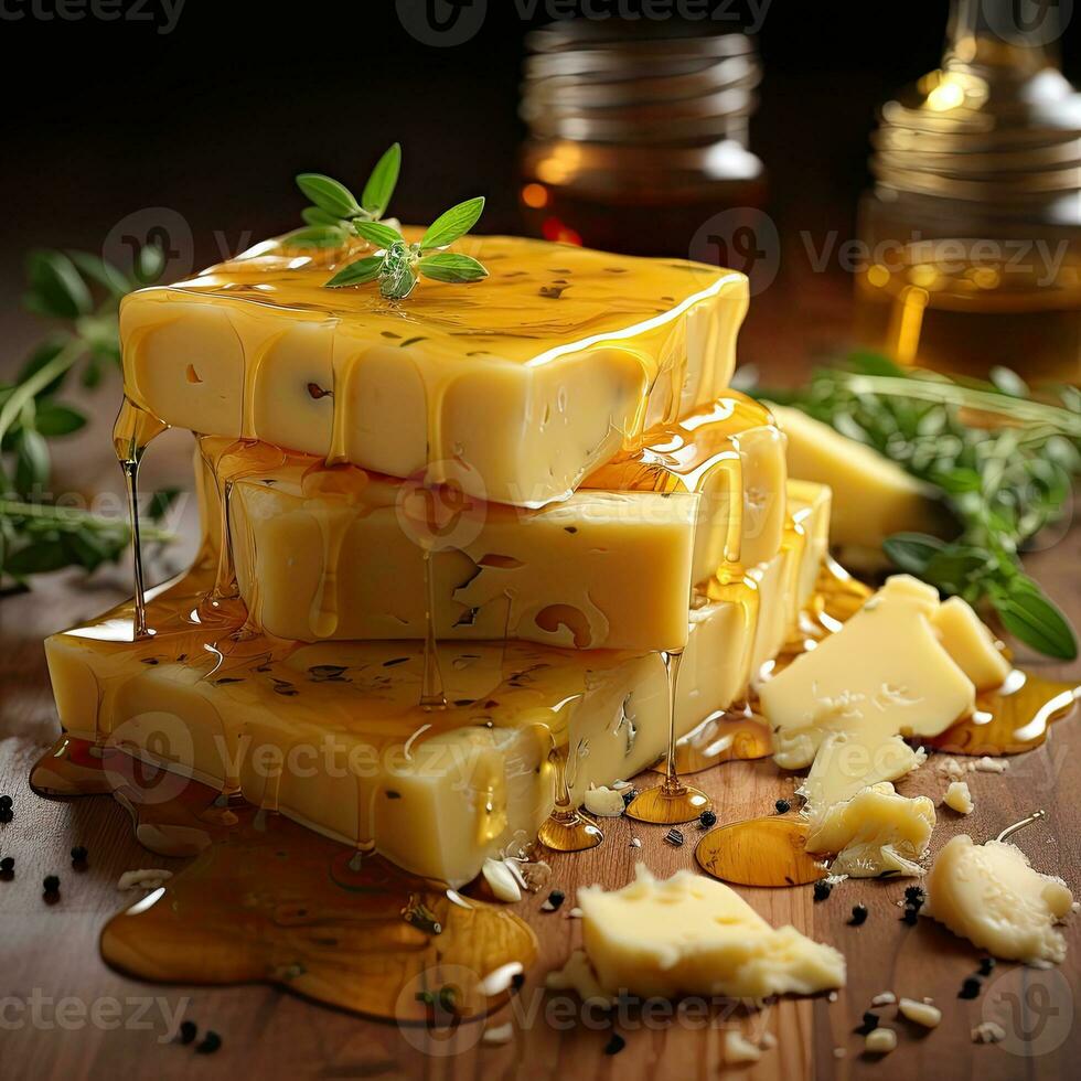 AI Generated Cheese mix on wooden plate still-life. Ai Generative. photo
