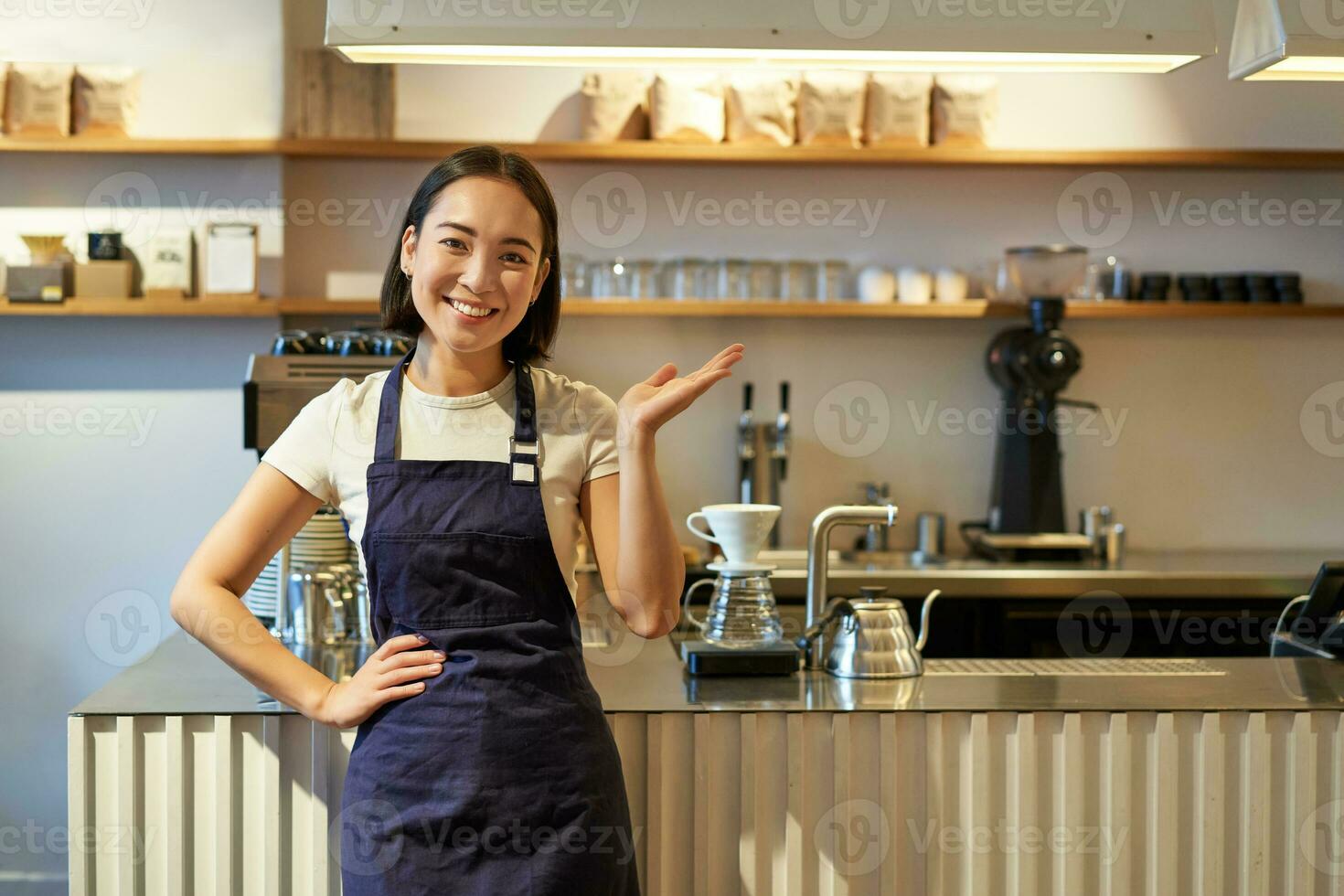 Portrait of asian girl in apron, standing in cafe near counter, barista pointing finger at copy space, empty banner coffee shop photo