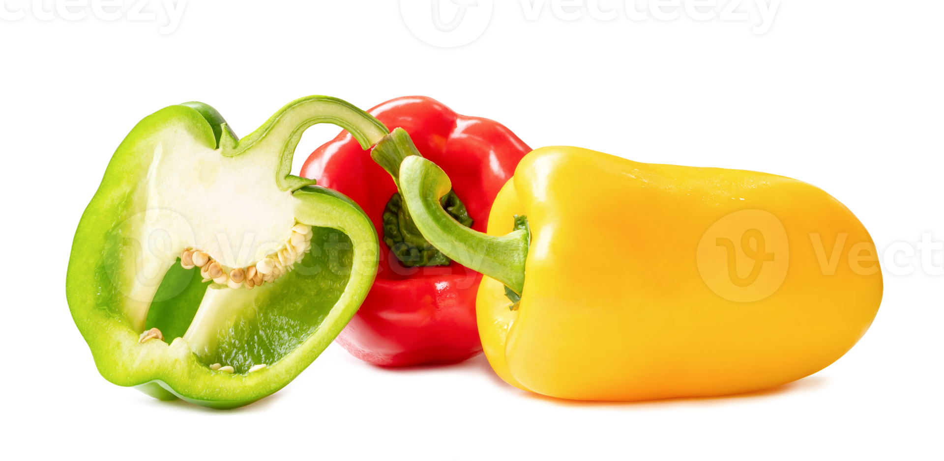 Front side view of fresh red and yellow bell pepper or sweet pepper with green half isolated with clipping path and shadow in png file format. Bulgarian pepper