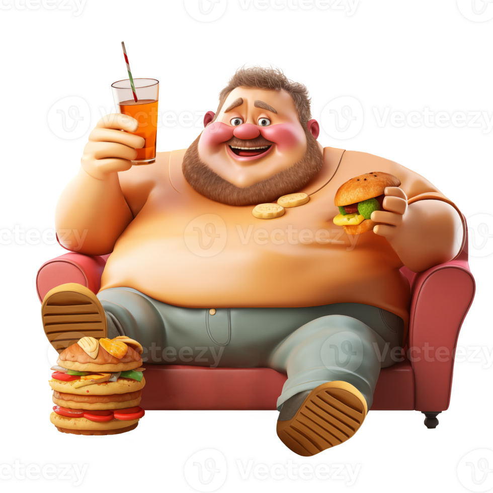 AI generated A fat man is drinking and eating a burger while sitting on a 3d sofa. Suitable for health and diet png