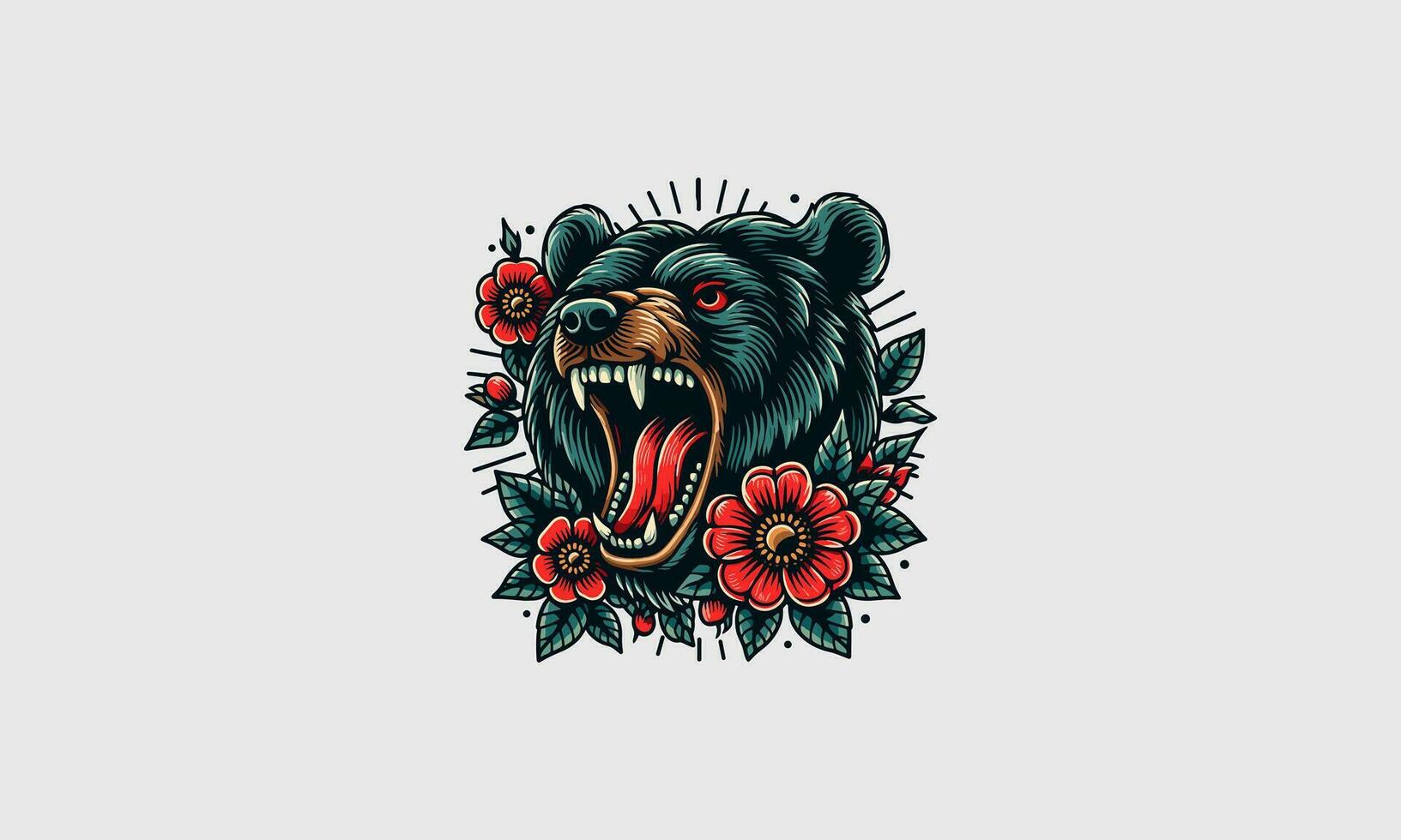 head bear roar and red flowers mascot design vector
