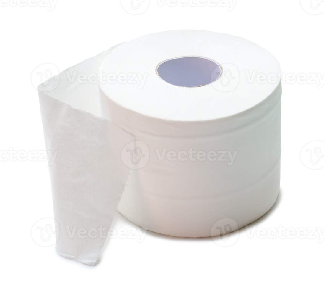 Single roll of white tissue paper or napkin prepared for use in toilet or restroom isolated with clipping path and shadow in png file format