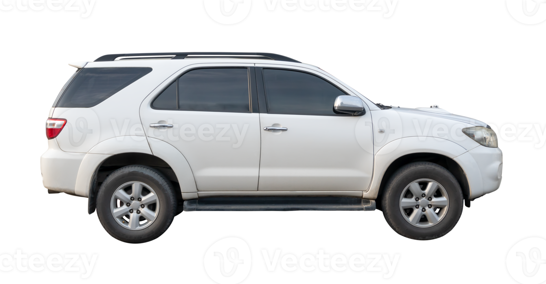 Side view of white SUV car isolated with clipping path in png file format