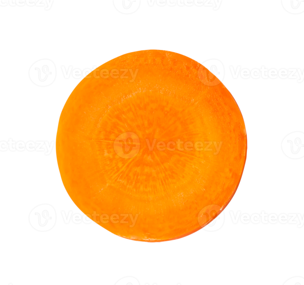 Top view of single fresh beautiful carrot slice isolated with clipping path in png file format