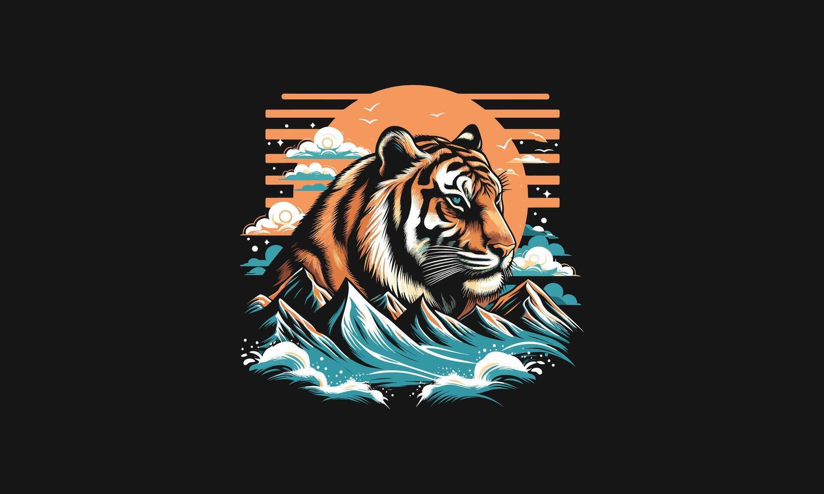 tiger on sea and mountain vector flat design