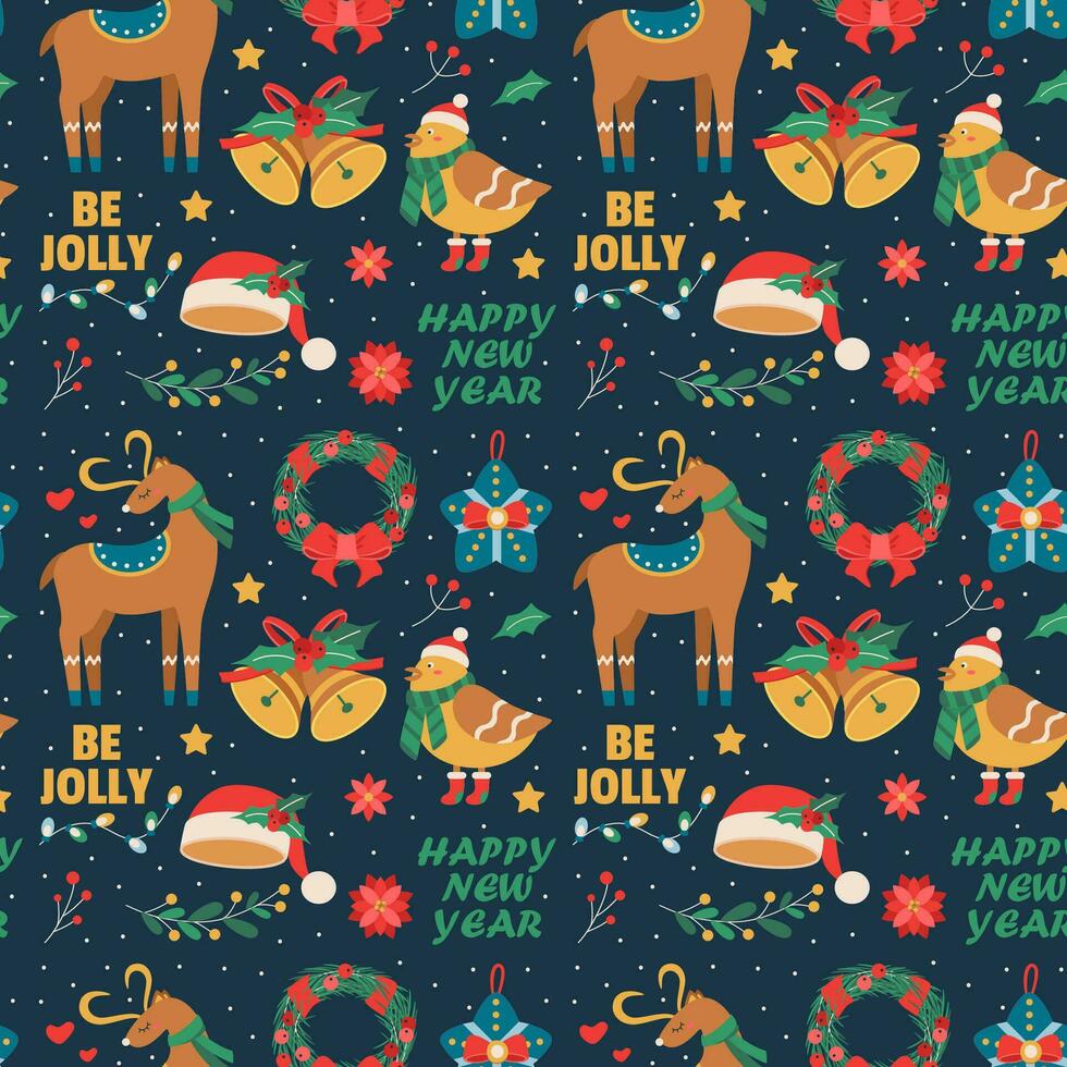 Christmas pattern with toy, deer, wreath with mistletoe berries, bird, bell, text. vector