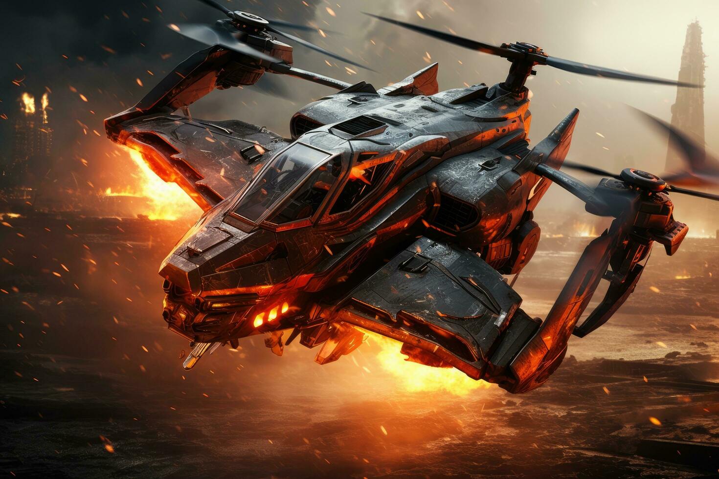 AI generated Helicopter in the fire. army helicopter flying on sky 3D render, Ai generated photo