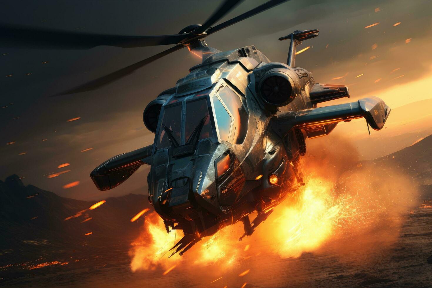 AI generated Helicopter in the fire. army helicopter flying on sky 3D render, Ai generated photo