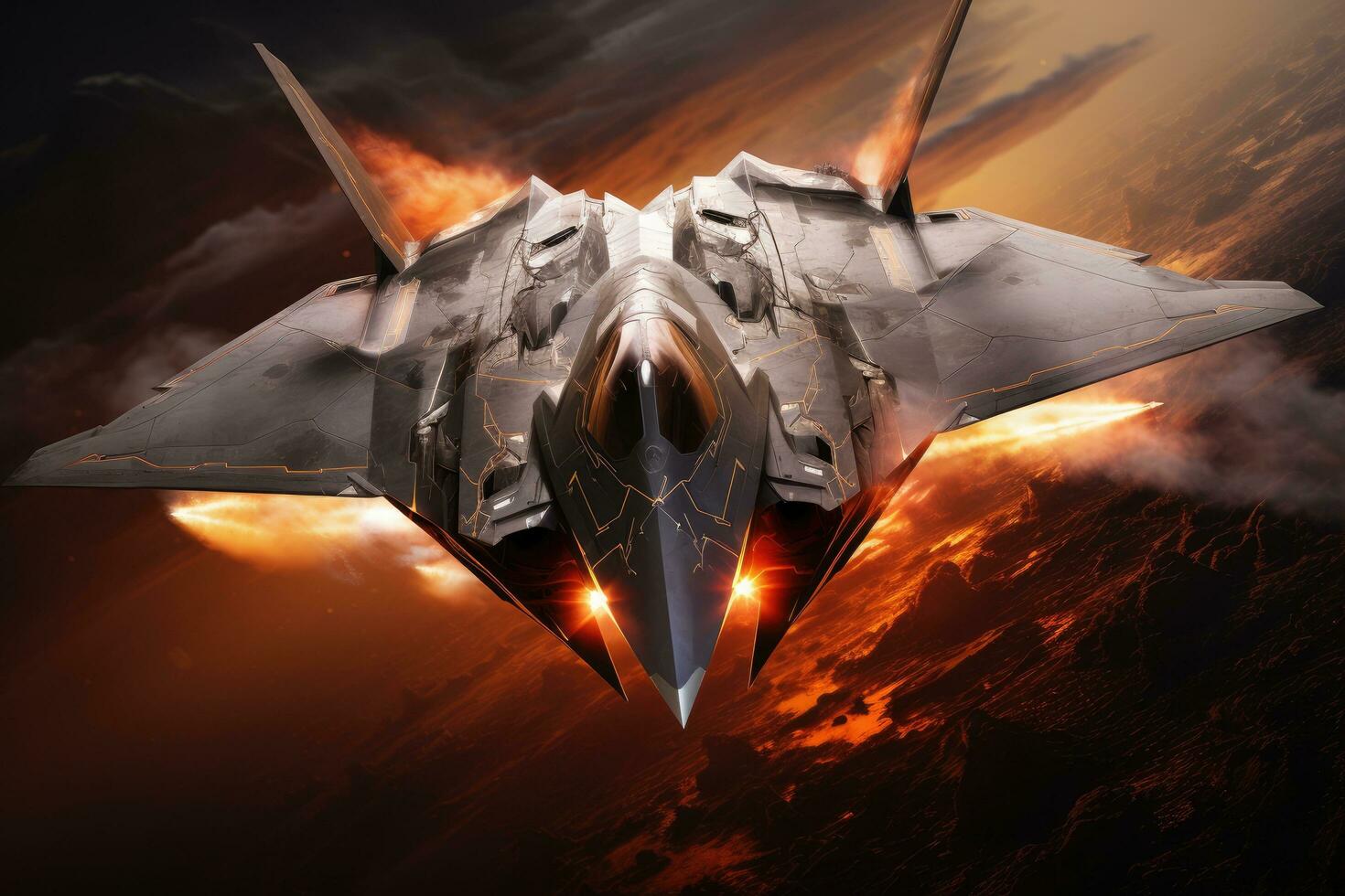 AI generated Military fighter jet in the fire. 3d illustration. Military jet on fire, AI Generated photo