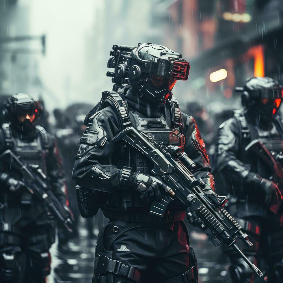 AI generated Futuristic army Combatants in a Firefight with Rifles and Photo Realistic Image of Soldier in Full Gear in Night AI Generated