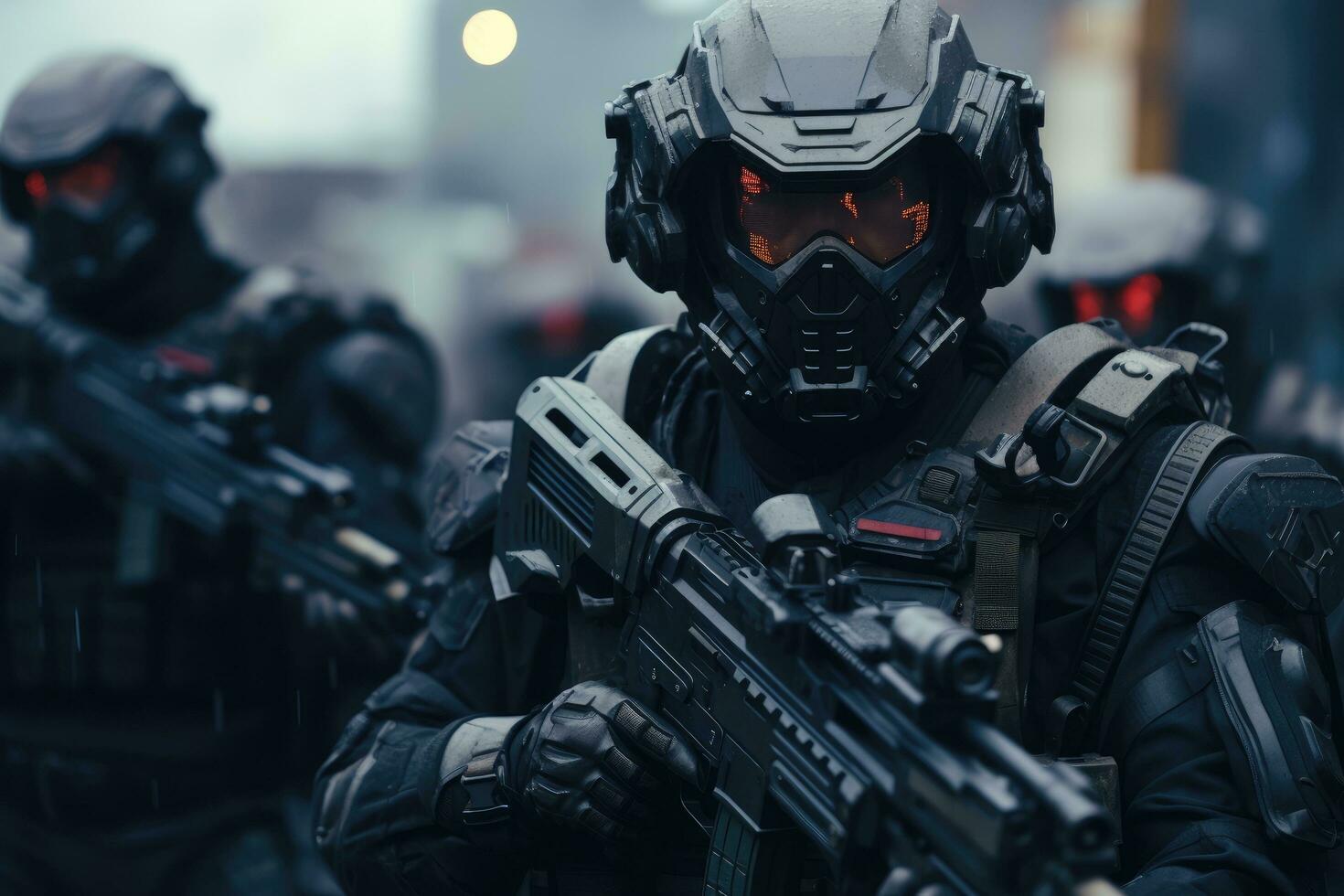 AI generated Futuristic army Combatants in a Firefight with Rifles and Protective Gear AI Generated photo