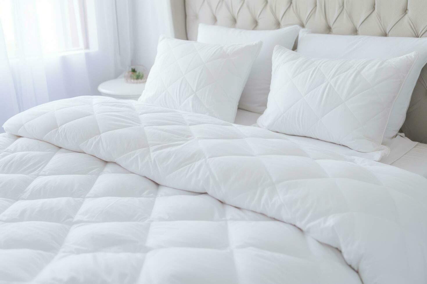 AI generated a bed with white sheets and pillows in a white comforter photo