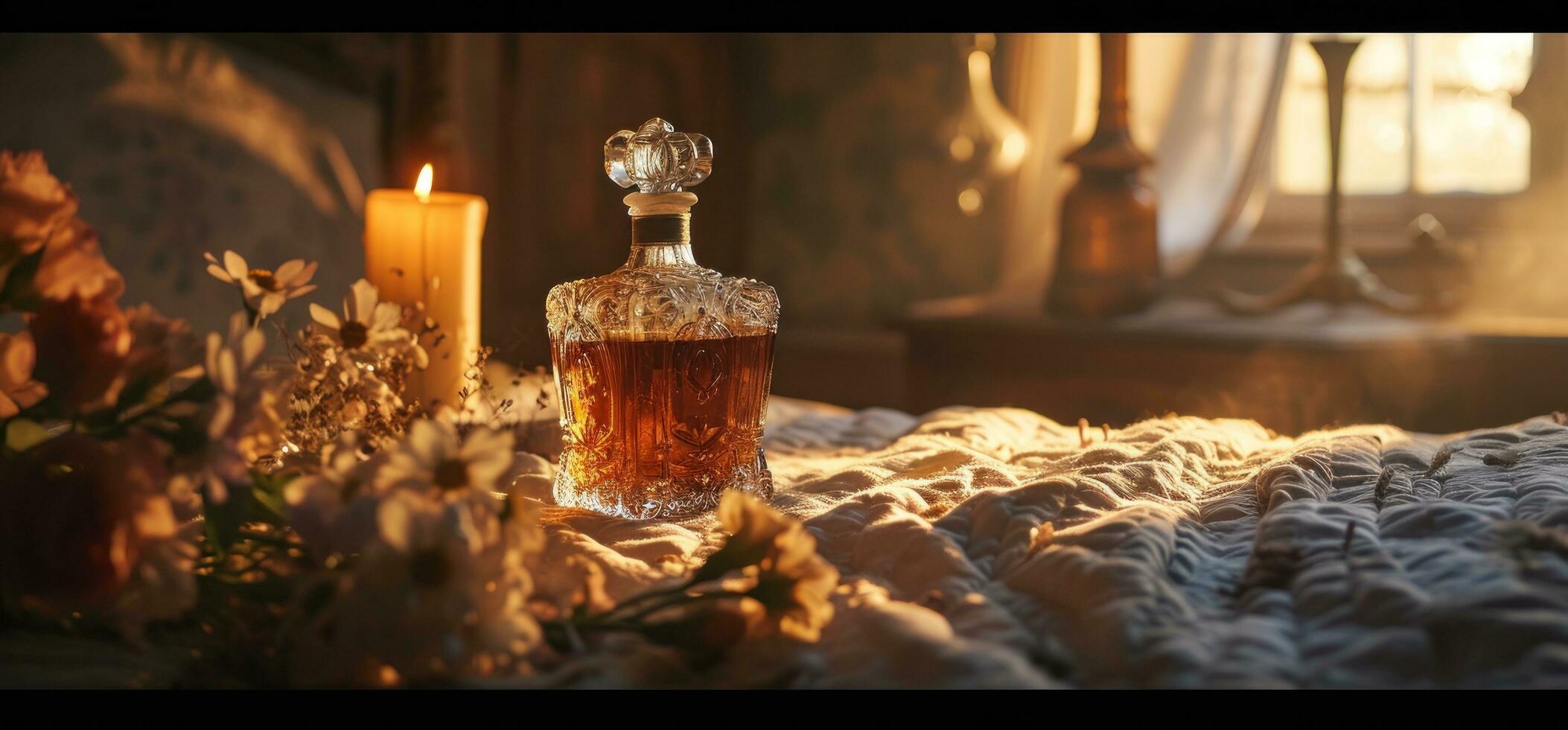 AI generated a bottle of decanter on a bed with flowers and a candle photo