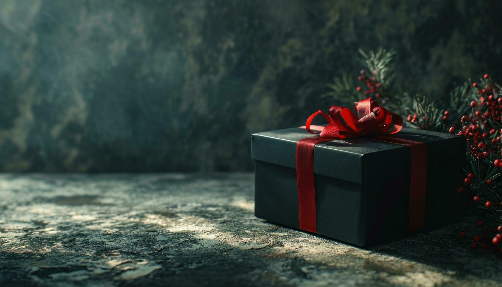 AI generated a black present box with red ribbon on background photo