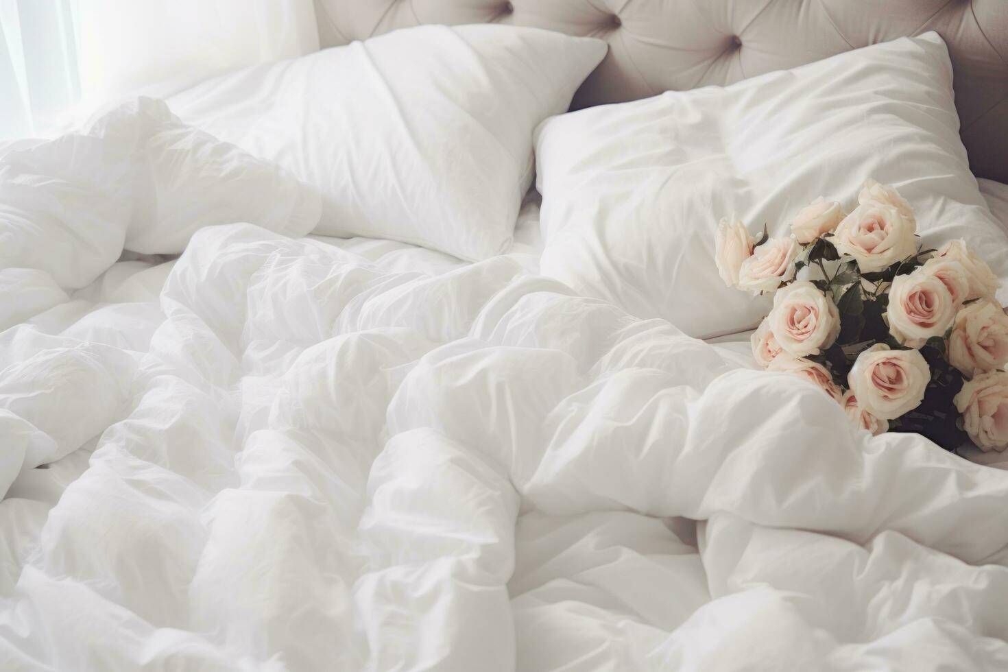 AI generated a bed with white sheets and pillows in a white comforter photo