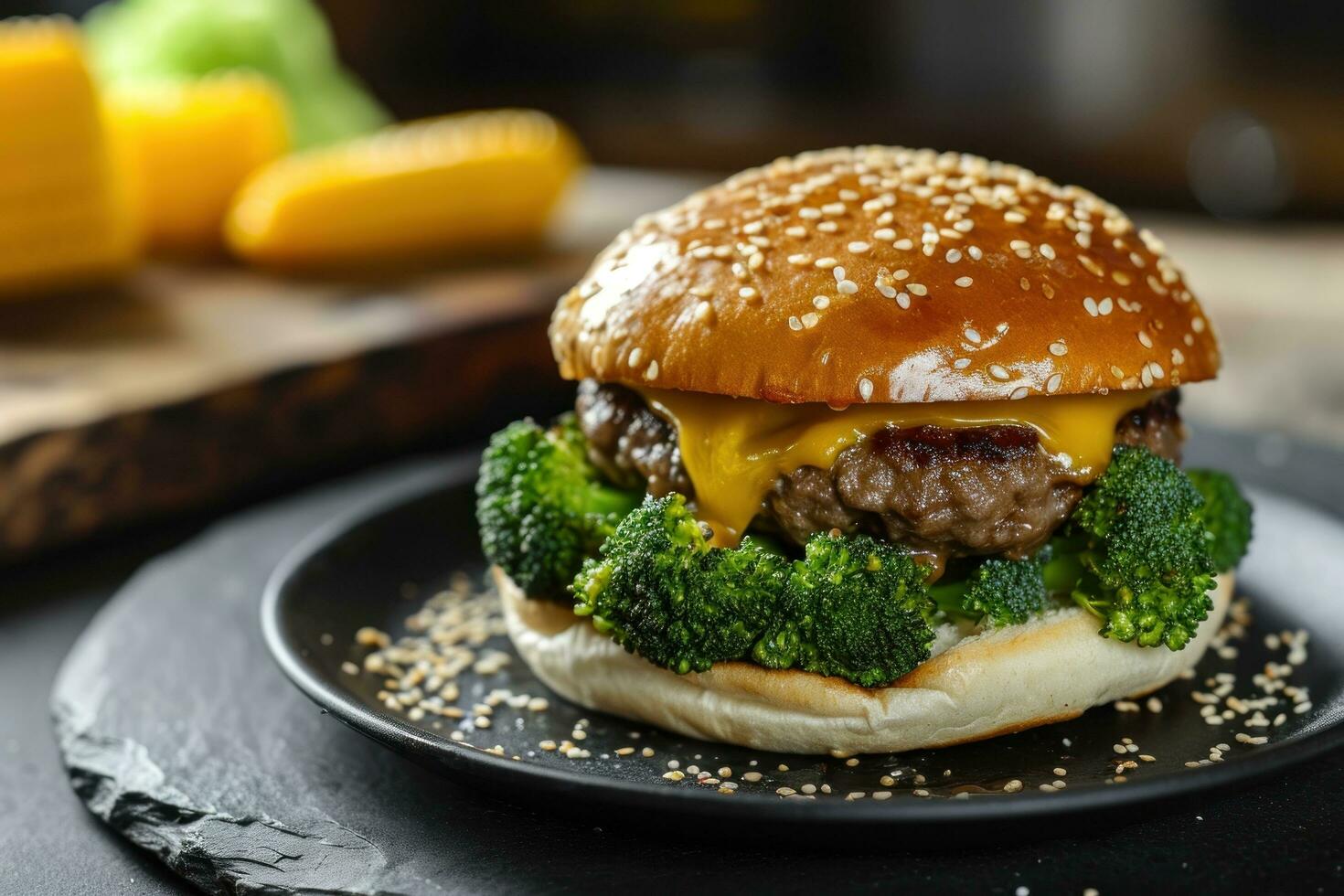 ai generado un hamburguesa tiene brócoli y queso en un negro plato foto