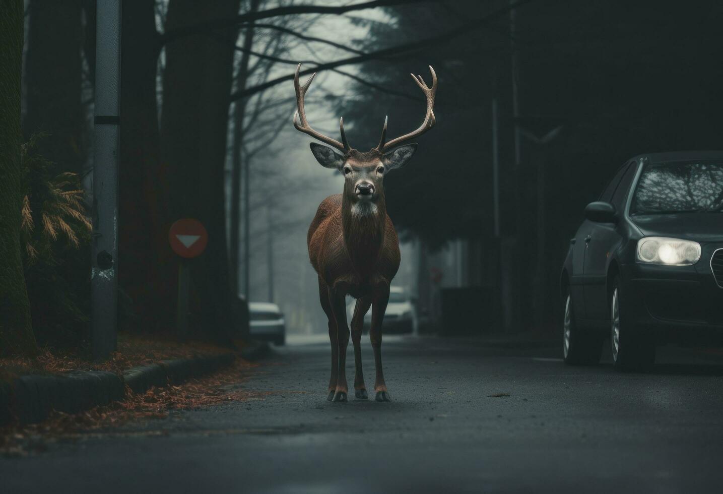 ai generado un hermosa ciervo soportes en el la carretera en el bosque foto