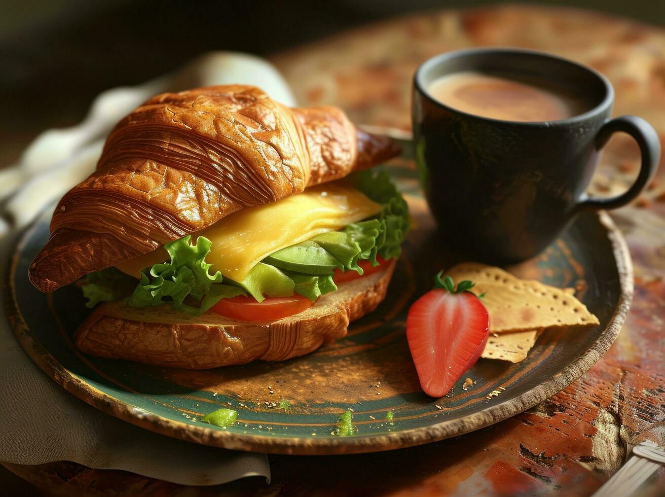 ai generado un cuerno emparedado y un taza de café son en parte superior de un plato foto