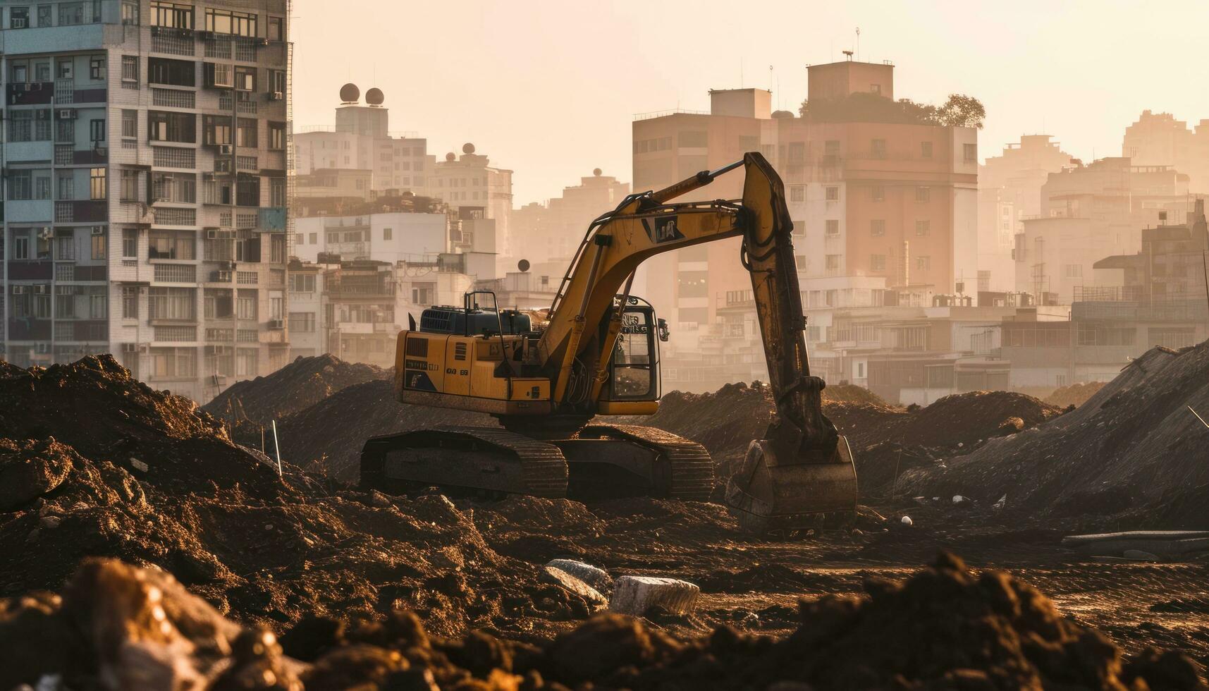 AI generated a city with a construction excavator at the front photo